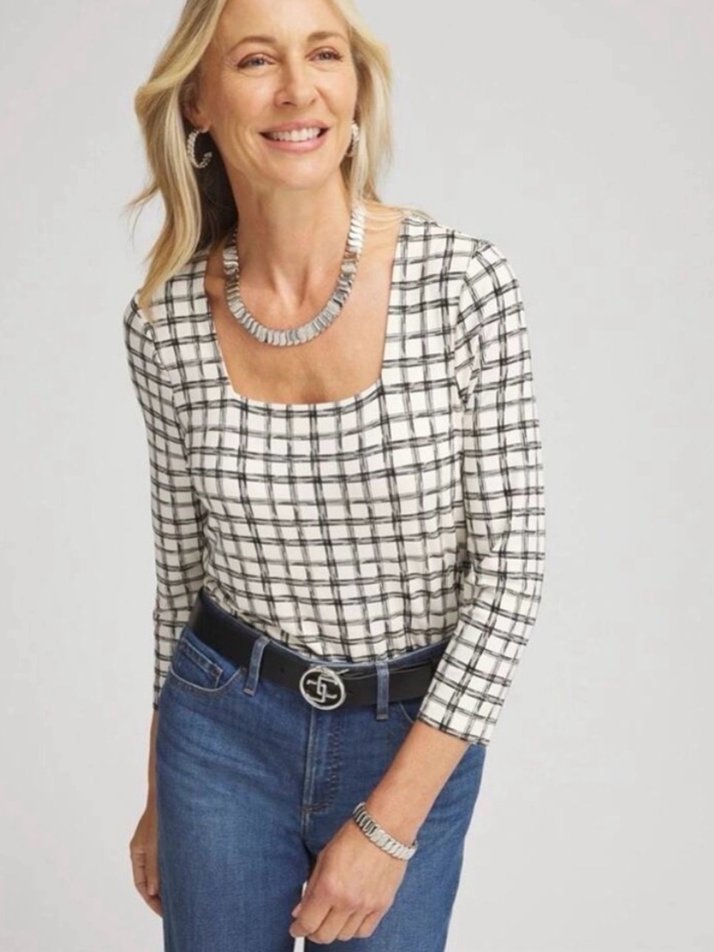 Chico's Touch Of Cool Square Neck Grid Top